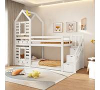 Sapgaks Lit cabane Enfants 90x200 Lit superposé Enfant lit Double lit Simple, avec tiroir et Protection Anti Chute, 90 x 200 cm, lit Mezzanine pour Enfants, 2 sommiers à Lattes, Blanc