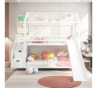Sapgaks Lit Cabane Enfants 90x200 Lit superposé Enfant lit Double lit Simple lit Mezzanine, Construction Haute de clôture, Cadre de lit en Bois Massif, Blanc