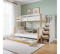 Sapgaks Lit cabane Enfants 90x200cm&120x200cm,Lit superposé Enfant avec lit escamotable et échelle de Rangement, avec barrière et sommier à Lattes,pin+MDF,Blanc+Naturel