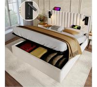 Sapgaks Lit capitonné 140x200cm, tête de lit Design Rivet avec Fonction de Chargement USB et liseuse, avec Coffre de lit à Rangement hydraulique, matière Coton, Beige (Matelas Non Inclus)