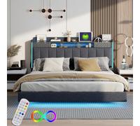 Sapgaks Lit capitonné 160×200 cm, tête de lit avec rangements et Prise USB, lit avec éclairage LED, Tissu Lin, Gris (Matelas Non Inclus)
