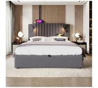 Sapgaks Lit capitonné 180x200cm, tête de lit Design Rivet avec Fonction de Chargement USB et liseuse, avec Coffre de lit à Rangement hydraulique, matière Coton, Gris (Matelas Non Inclus)