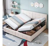 Sapgaks Lit Capitonné à Coffre Hydraulique 180x200 cm, Tête de Lit Réglable en Hauteur, Tissu Velours Beige (Matelas Non Inclus)