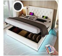 Sapgaks Lit Coffre 160 x 200 avec LED,Fonction de Chargement USB &Type-C et Espace de Stockage hydraulique,Lit Double,lit 160 x 200 avec sommier,PU,Blanc