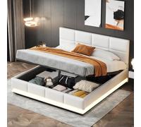 Sapgaks Lit Coffre 160x200 avec LED, Sommier à Lattes, Rangement, Cadre de Lit Double avec Tête de Lit Capitonnée, Blanc