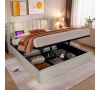 Sapgaks Lit Coffre 160x200 Lampe de Lecture avec Fonction de Charge, lit 2 Personnes, lit capitonné 140x200cm avec Rangement, lit Double avec sommier à Lattes, Naturel (sans Matelas