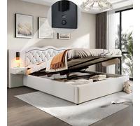 Sapgaks Lit Coffre 180x200 avec sommier et tête et USB,lit 2 Personnes avec Rangement 180x200 avec LED,Cadre de lit capitonné Double,Adulte,avec Deux Lampes de Chevet,Beige
