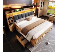Sapgaks Lit Coffre 180x200 cm tiroirs avec éclairage LED avec Ports USB et Type-C,lit 180x200 avec sommier à Lattes en Bois,Cadre de lit 2 Personnes avec Rangement,chêne,tê (Chêne + Bois, 160x200)