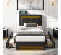 Sapgaks Lit Coffre 90 x 190 avec Espace de Rangement et LED,Cadre de lit 90 x 190 avec sommier à lattesr,Lit 1 Personne avec Port USB,Prend en Charge Le Chargement sans Fil,Noir