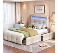 Sapgaks Lit Coffre 90x200 avec Lampes LED, 1 Personnes avec 2 espaces de Rangement et tête, lit capitonné 90x200cm avec Rangement, Simple avec sommier à Lattes, pour Enfant, Adolescent, Beige