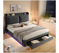 Sapgaks Lit Coffre avec LED et tiroirs, lit Double avec dossiers, lit hydraulique,Commode 2 en 1 à la Fin du lit, lit 140 x 200 avec sommier à Lattes, Velours, Gris