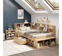 Sapgaks Lit Coffre en Bois Massif 90 x 200 cm,Lit Enfant Simple,Cadre de lit Enfant avec Rangement,Multifonctionnel avec Tables de Chevet, étagères et armoires de Rangement,avec Chargement sans Fil