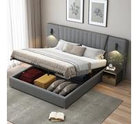 Sapgaks Lit coffre180x200 avec Prise de Charge USB,des liseuses orientables et Espace de Stockage hydraulique,Lit Double,Cadre de lit 180x200 avec sommier à Lattes,Velours (A-Gris)