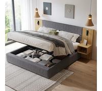Sapgaks Lit Double rembourré avec Port USB,éclairage et 2 Tables de Chevet,lit Coffre 160x200 avec Espace de Stockage hydraulique,lit 160x 200 avec sommier,Velours,Gris+Naturel
