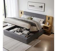 Sapgaks Lit Double rembourré avec Port USB,éclairage et 2 Tables de Chevet,lit Coffre 180x200 avec Espace de Stockage hydraulique,lit 180x 200 avec sommier,Velours,Gris+Naturel