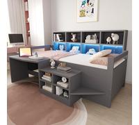 Sapgaks Lit Enfant 90 × 200 cm avec éclairage LED,Bureau,rangements et Prises,lit Multifonction en Bois,Cadre de lit Simple 90 x 200 avec sommier à Lattes,Gris