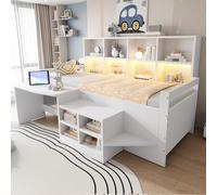Sapgaks Lit Enfant 90 × 200 cm avec éclairage LED,Bureau,rangements et Prises,lit Multifonction en Bois,Cadre de lit Simple 90 x 200 avec sommier à Lattes,Blanc