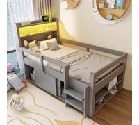 Sapgaks Lit Enfant 90 x 200 cm avec éclairage LED,USB,étagères,rangements et armoires à Portes coulissantes,lit Multifonction en Bois,Cadre de lit Simple 90 x 200 avec sommier à Lattes,Gris