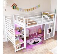 Sapgaks Lit Enfant 90x200 avec éclairage LED,lit Mezzanine Enfant en métal Larges escaliers,Cadre de lit mi Hauteur 90 x 200 avec sommier à Lattes (B-Blanc)