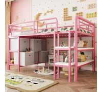 Sapgaks Lit Enfant 90x200 avec rangements,lit Mezzanine Enfant en métal avec Larges escaliers,tiroirs et étagères,Cadre de lit mi Hauteur 90 x 200 avec sommier à Lattes (Rose)