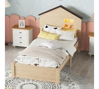 Sapgaks Lit Enfant 90x200cm en Forme de Maison,Parure de lit,Cadre de lit,lit Plat,décoration Petite fenêtre,veilleuse LED,Bois Massif,Naturel