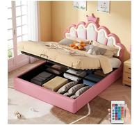 Sapgaks Lit Enfant avec éclairage d'ambiance réglable,lit Coffre 140x200 avec Espace de Stockage hydraulique,Cadre de lit 2 Personne avec sommier,Rose