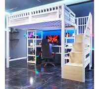 Sapgaks Lit Mezzanine 1 Place 140 x 200 cm avec éclairage USB et LED,lit superposé Enfant lit Enfant avec Rangement,lit Enfant superposé à Cadre en métal avec Bureau, Matelas Non Inclus, Blanc