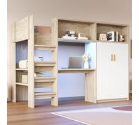 Sapgaks Lit Mezzanine 90 × 200 cm, lit Enfant Simple avec éclairage LED, avec Bureau, Armoire et Compartiments de Rangement, lit Mezzanine Multifonctionnel, Coloris Bois (Matelas Non Inclus)