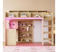 Sapgaks Lit Mezzanine 90×200cm, lit Enfant avec éclairage LED et Prise de Courant, avec Bureau, Armoire et Compartiment de Rangement, lit Mezzanine Multifonctionnel, Coloris Bois (Matelas Non Inclus)