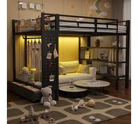 Sapgaks Lit Mezzanine avec lumières LED 140×200 cm,Lit Mezzanine en métal avec Armoire Ouverte et Panneau Suspendu,Lit Double en Fer,avec Compartiment de Rangement,Noir (Matelas Non Inclus)