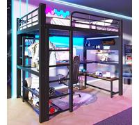Sapgaks Lit Mezzanine avec lumières LED 140×200cm,lit Double en métal avec Table et Poteau de séchage de vêtements,lit de Jeu loft avec étagères et escalier,Noir (Matelas Non Inclus)