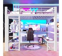 Sapgaks Lit Mezzanine avec lumières LED 140×200cm,lit Double en métal avec Table et Poteau de séchage de vêtements,lit de Jeu loft avec étagères et escalier,Blanc (Matelas Non Inclus)