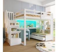 Sapgaks Lit Mezzanine Enfant 140x200 avec Bureau,éclairage LED,étagères, Deux tiroirs intégrés,escalier de Rangement,it superposé,Cadre de lit Mezzanine 1 Place (K-Blanc 140)