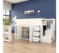 Sapgaks Lit Mezzanine Enfant 90x200 avec Bureau Coulissant,Compartiment de Rangement latéral,Placard,3 tiroir,Placard escalier,lit Enfant,Cadre de lit mi Hauteur avec sommier à Lattes(Blanc-4)