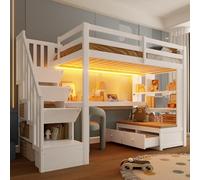 Sapgaks Lit Mezzanine Enfant 90x200 avec Bureau,éclairage LED,étagères, Deux tiroirs intégrés,escalier de Rangement,it superposé,Cadre de lit Mezzanine 1 Place (K-Blanc 90)
