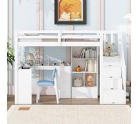 Sapgaks Lit Mezzanine Enfant 90x200 avec Bureau,Placard de Rangement Ouvert,échelle de Rangement,tiroirs,étagères,lit superposé,Cadre de lit Enfant 90x200 avec sommier à Lattes(Blanc-5)