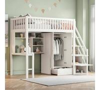 Sapgaks Lit Mezzanine Enfant avec Bureau,Grande Armoire et étagère,lit cabane Enfants 90x200cm avec échelle de Rangement,Lit superpose Enfant,Cadre de lit Mezzanine 1 Place en Bois,Blanc