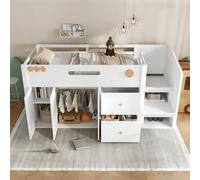 Sapgaks Lit Mezzanine Enfant en Bois 90 x 200,escalier de Rangement avec Portes magnétiques,2 tiroirs et Armoire,lit mi Hauteur,Cadre de lit Enfant 90 x 200 avec sommier à Lattes,Blanc + Naturel