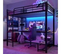 Sapgaks Lit Mezzanine Enfant en Fer 90 x 200 cm avec Bande LED,Bureau,Prise USB+Type-c,Plusieurs étagères,lit superposé avec Garde-Corps,Cadre de lit Mezzanine 1 Place (Noir,90x200)