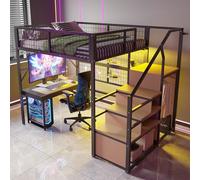 Sapgaks Lit Mezzanine Enfant/Jeune en Fer,avec Lumineuses LED et Armoire Ouverte,lit Mezzanine 2 Place 140 x 200 cm avec escalier de sécurité et Haute clôture,lit cabane Enfants 140x200 (E-Noir 140)