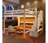 Sapgaks Lit Mezzanine Enfants 140x200cm,lit superposé Enfant avec lumières LED,lit Enfant avec Rangement sous Le lit,lit Enfant avec Barriere,échelle de Rangement,Blanc + Naturel
