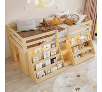 Sapgaks Lit mi Hauteur 90x200cm avec Bande Lumineuse LED,étagères Multiples,Balustrade,échelle,Bois de pin,lit cabane Enfants 90x 200,Cadre de lit Enfant avec sommier à Lattes (A-Naturel)