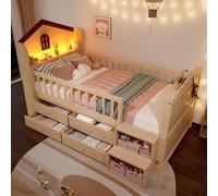 Sapgaks Lit mi Hauteur 90x200cm Bandeau Lumineux LED,4 tiroirs,échelle d'entrepôt,lit cabane Enfants 90x 200,Cadre de lit Enfant avec sommier à Lattes (B-Naturel)