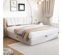 Sapgaks Lit rembourré 140 x 200 cm, avec Port USB et Lumière LED, Lit Double hydraulique avec Espace de Rangement, tête de lit réglable, PU, Blanc (Matelas Non Inclus)