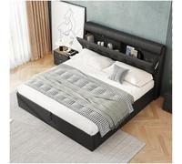 Sapgaks Lit Rembourré 160x200 Avec Rangement Caché, Coffre Hydraulique, Cadre Double Avec Sommier à Lattes et Tête de Lit, 2 Personnes, PU, Noir