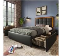 Sapgaks Lit rembourré avec Barre d'éclairage LED et 4 tiroirs, lit Simple 90x200cm, tête de lit réglable en Hauteur,lit Fonctionnel,lit 90 x 200 avec sommier,PU,Noir (sans Matelas)