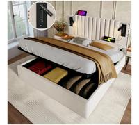 Sapgaks Lit rembourré avec Lampe de Lecture et Ports de Charge USB & Type C,lit Coffre 140x200,Dossier avec Design de Rivets,Lit Double,lit 140 x 200 avec sommier,Coton,Beige