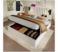 Sapgaks Lit rembourré avec Lampe de Lecture et Ports de Charge USB & Type C,lit Coffre 160x200,Dossier avec Design de Rivets,Lit Double,lit 160 x 200 avec sommier,Coton,Beige
