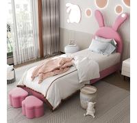 Sapgaks Lit simple 90 x 200 cm, avec LED et deux banc de rangement, oreilles de lapin pliantes, lit enfant avec tête réglable en hauteur, sommier à lattes, velours français, rose