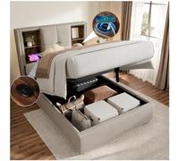 Sapgaks Lit simple avec recharge sans fil, USB et Type-C, avec conteneur 90 x 200 cm, lit une place et demie avec structure à lattes en bois-lin naturel, naturel